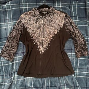 Women's Black and White Embellished Lace Top